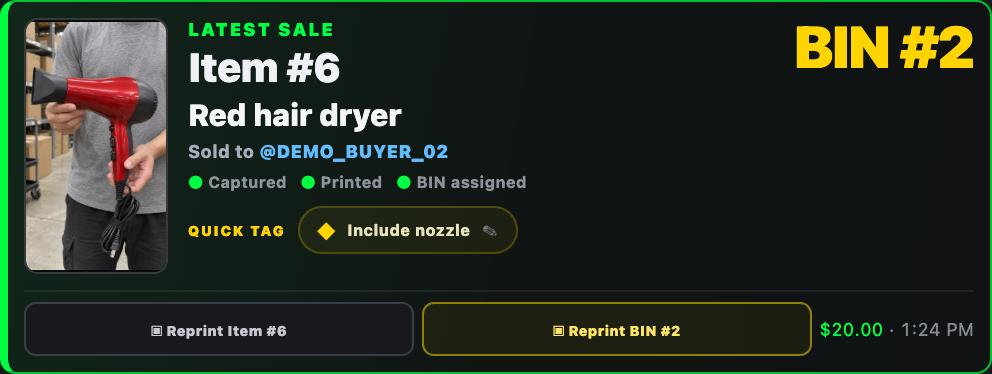 Actual SHOWWHAT sale card for Item 6, a red hair dryer, assigned to BIN 2 and DEMO_BUYER_02, with an Include nozzle tag.