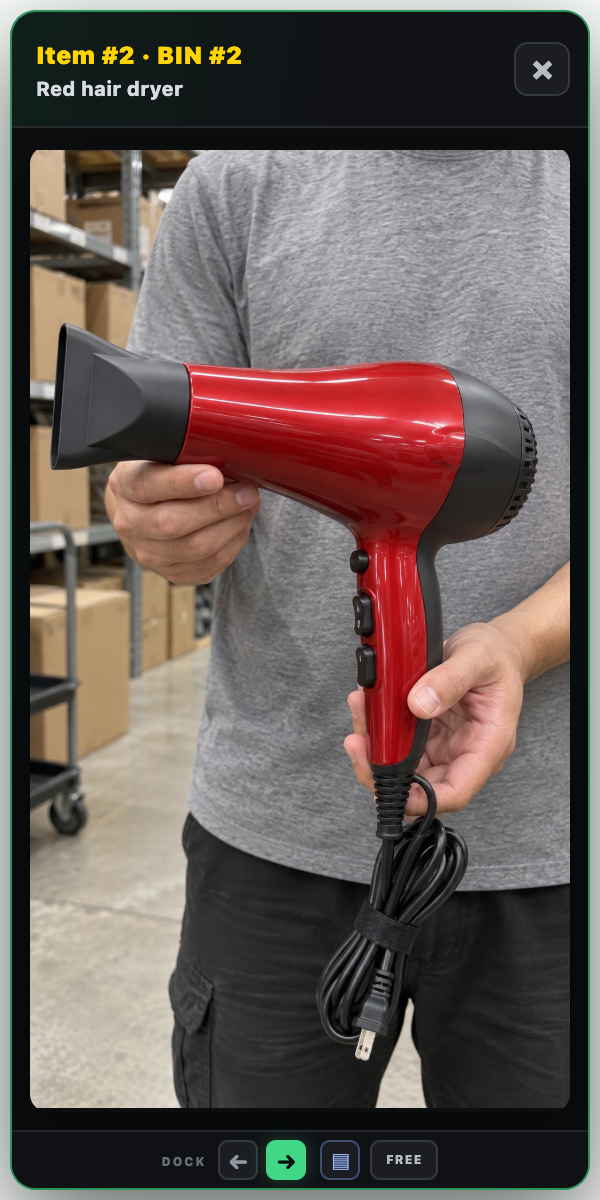 Full-size portrait reference for Item 2, the red hair dryer, assigned to BIN 2. The image contains no chat or store sidebar.