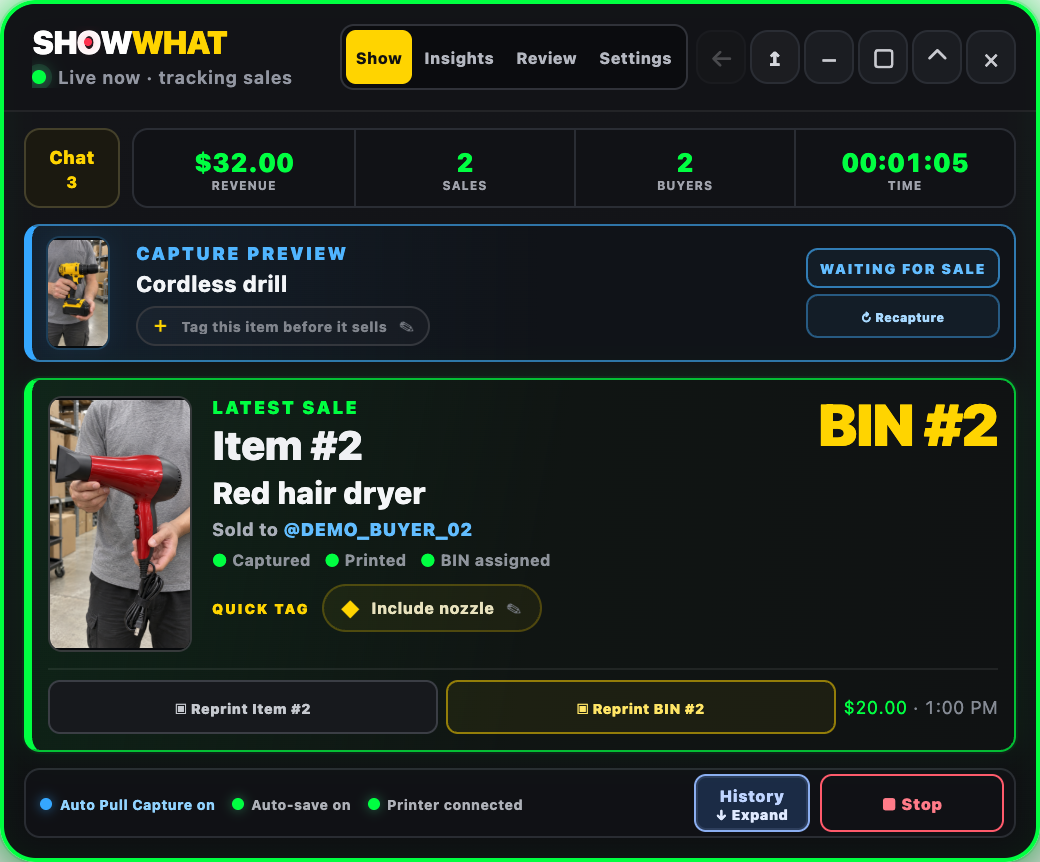 Current SHOWWHAT UI: drill in capture preview, red hair dryer sold as Item 2 in BIN 2, with History minimized.