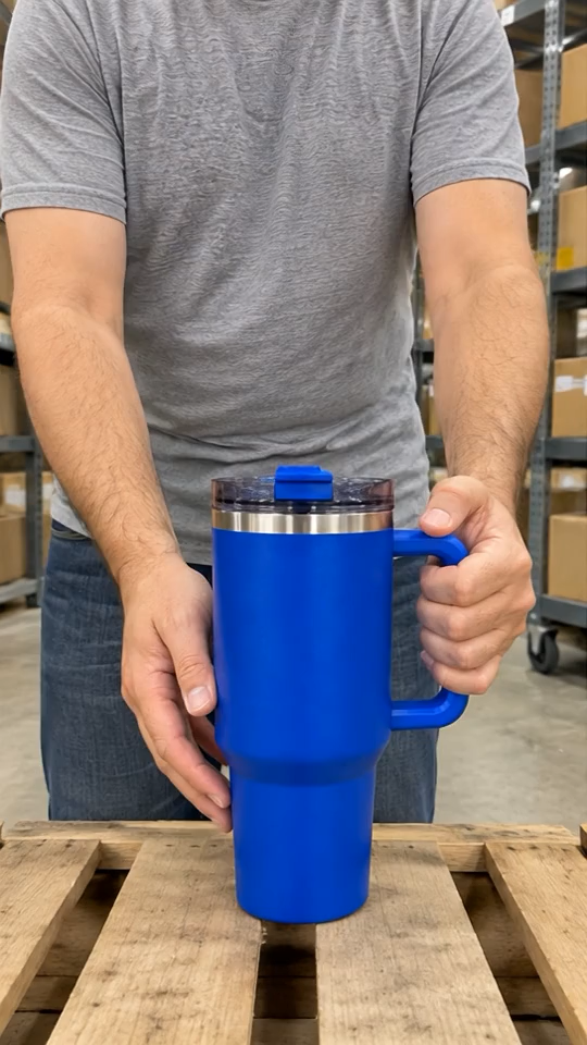 A seller presents a blue handled tumbler to the camera above a warehouse pallet.
